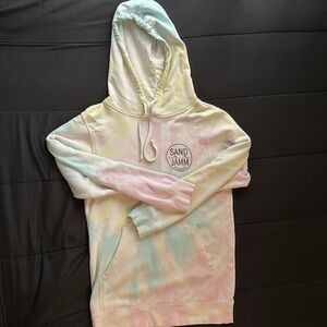 Selling Sand Jamm Life on the 5 Mile blue, yellow, and pink tie dye sweatshirt